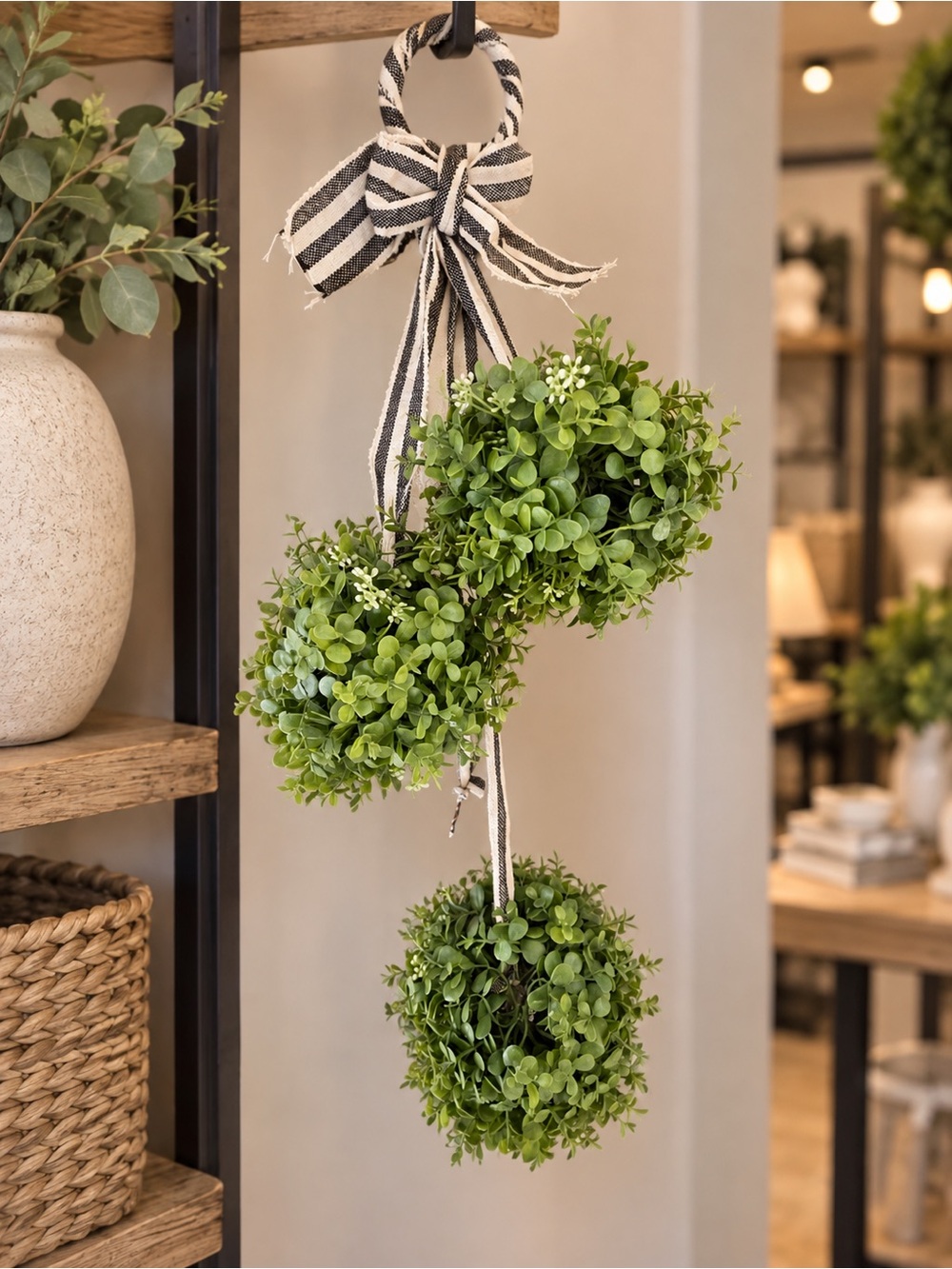 Kirklands Green Boxwood Triple Ball Hanging Garland with Striped Ribbon Accent